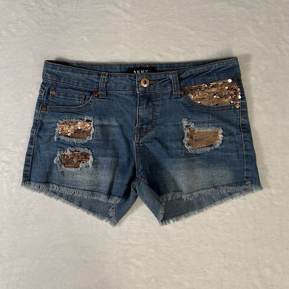 DKNY Girls Sequin Ripped Embellished Denim Shorts Size 12 Streetwear Urban Beach